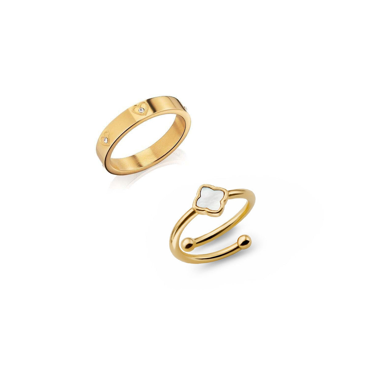 Crystal Heart & Pearl Clover Ring Set