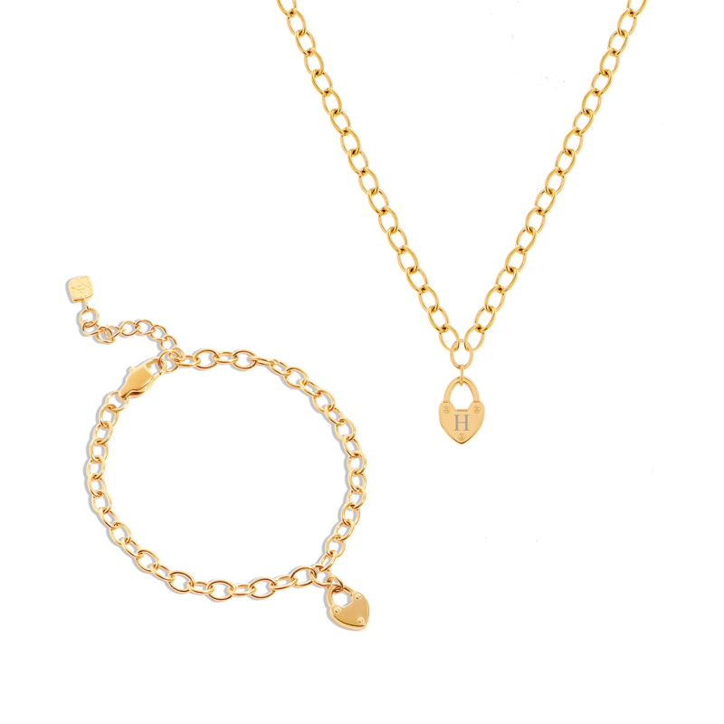 Love Locks Necklace & Bracelet Set (Gold)