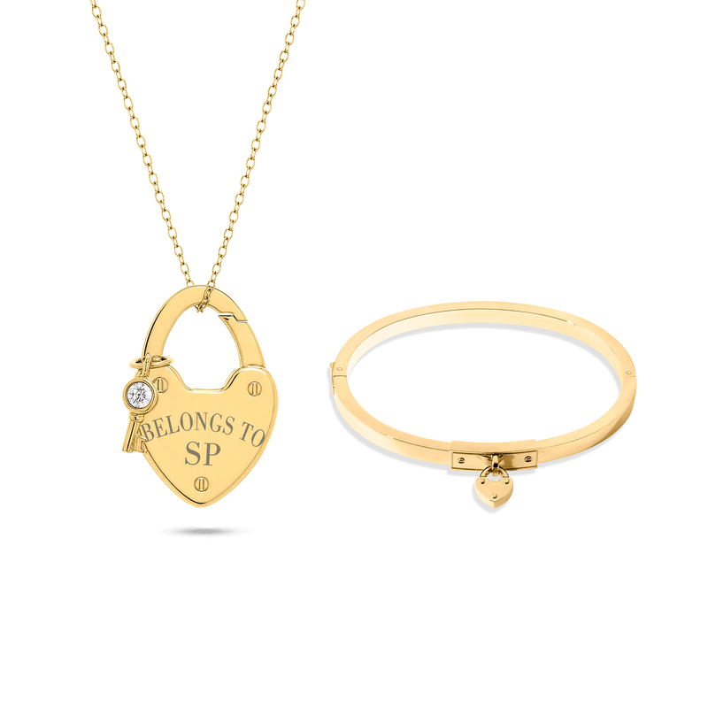 Love Locks Bangle & Birthstone Key Charm Necklace (Gold)