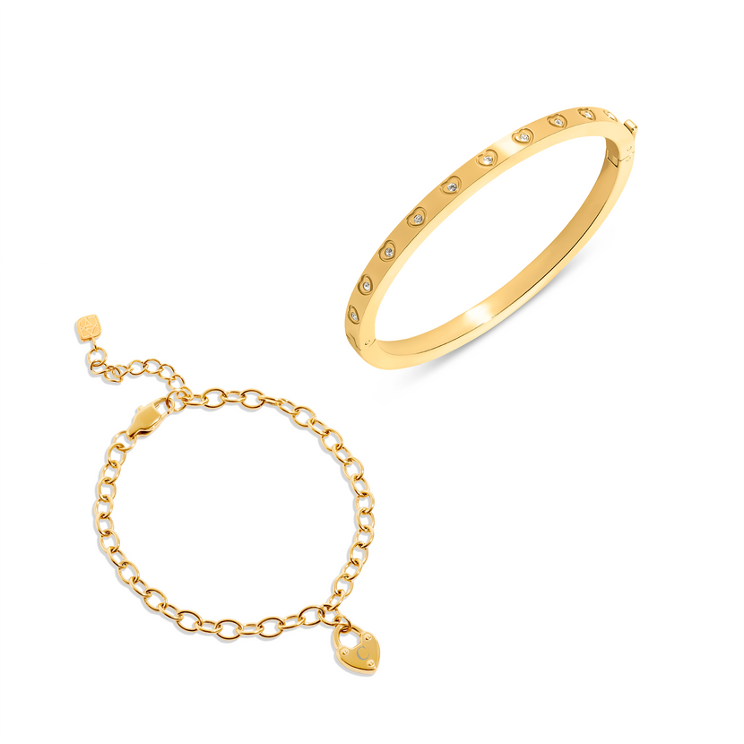 Love Locks Bracelet & Crystal Heart Bangle Set (Gold)