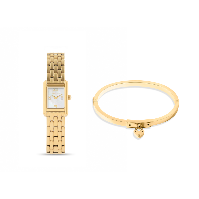 Mini Chelsea Mother of Pearl Watch & Love Locks Bangle Set (Gold)