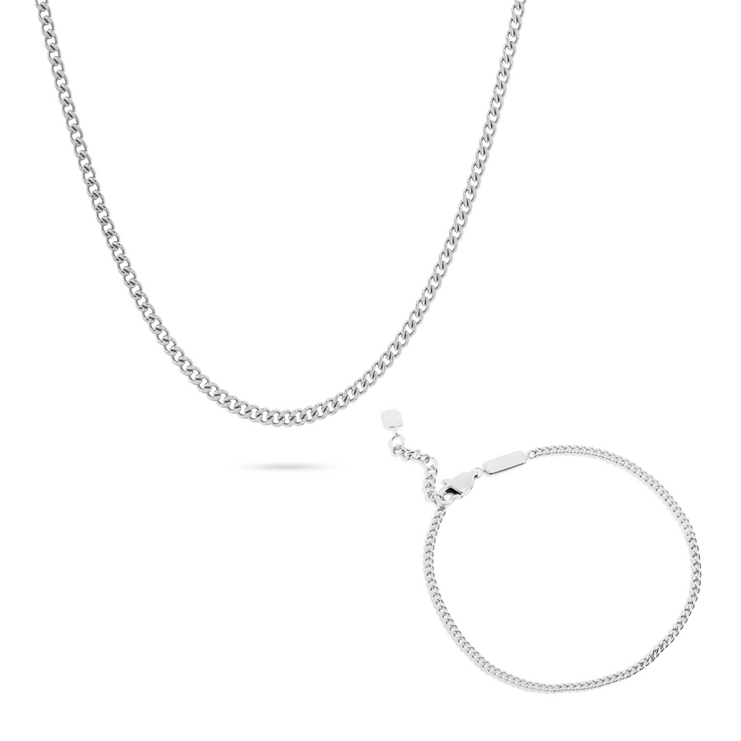 Men's Fine Curb Chain Necklace & Bracelet Set (Silver)