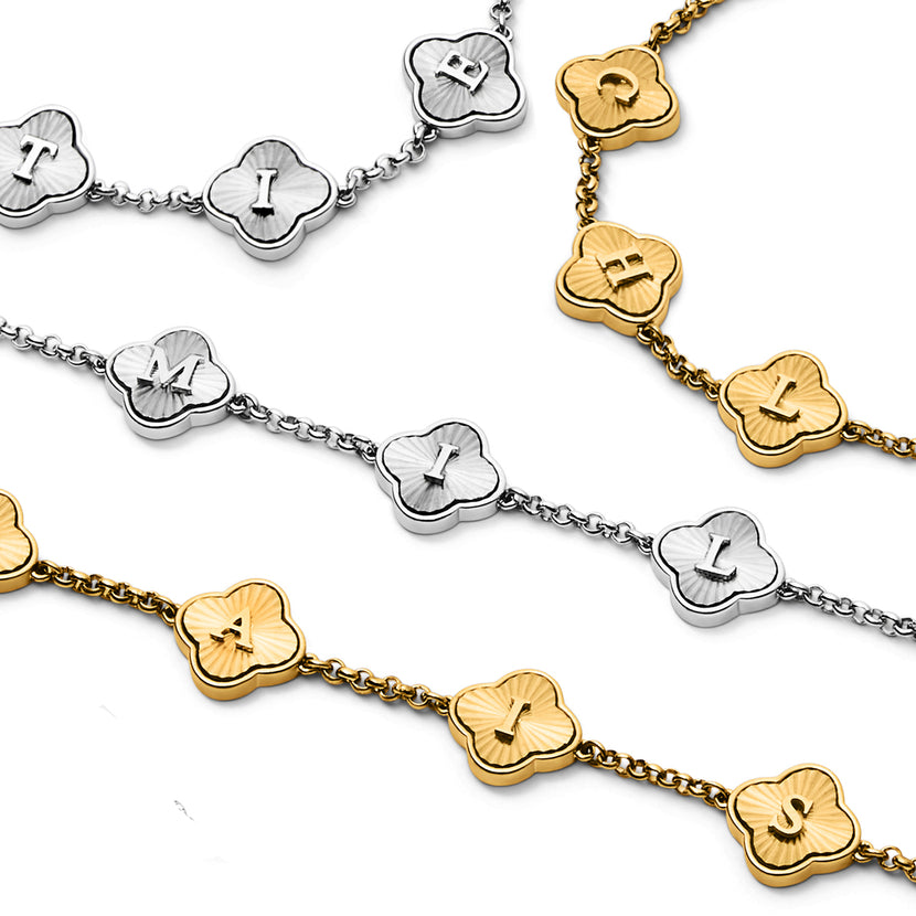 Textured Clover Custom Name Bracelet (Silver)
