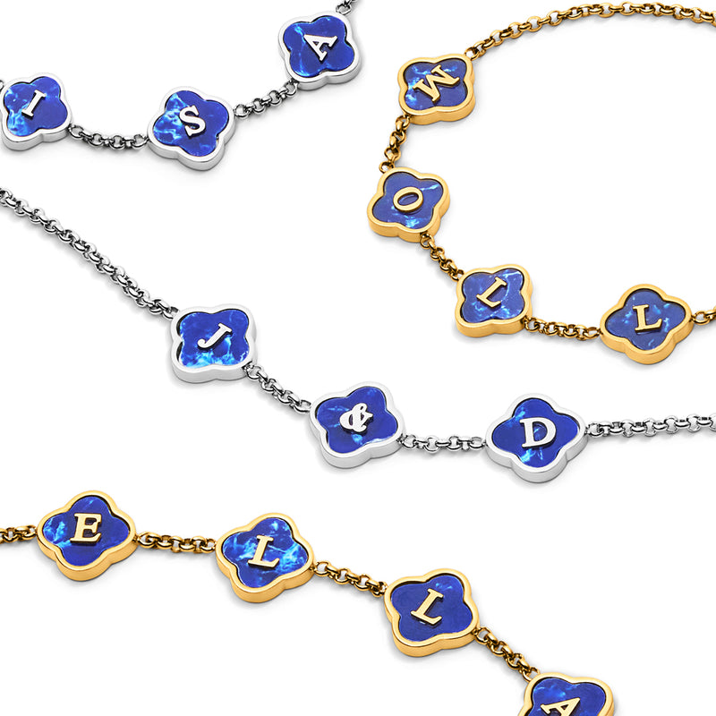 Blue Lace Agate Clover Custom Name Bracelet (Silver)