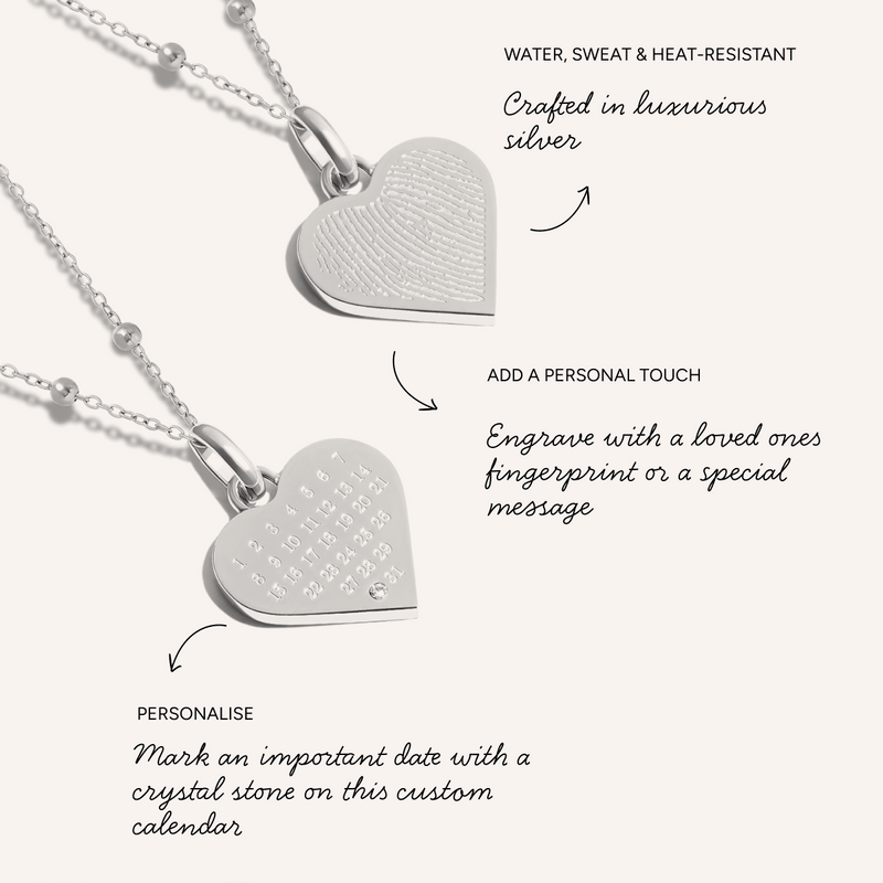 Custom Calendar & Fingerprint Heart Necklace (Silver)