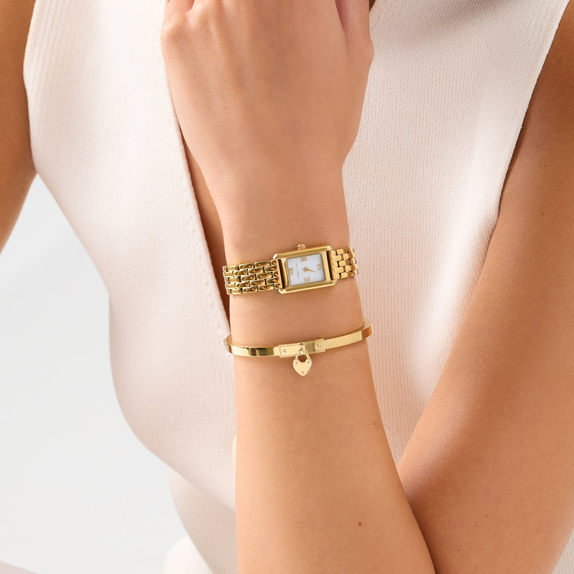 Mini Chelsea Mother of Pearl Watch & Love Locks Bangle Set (Gold)