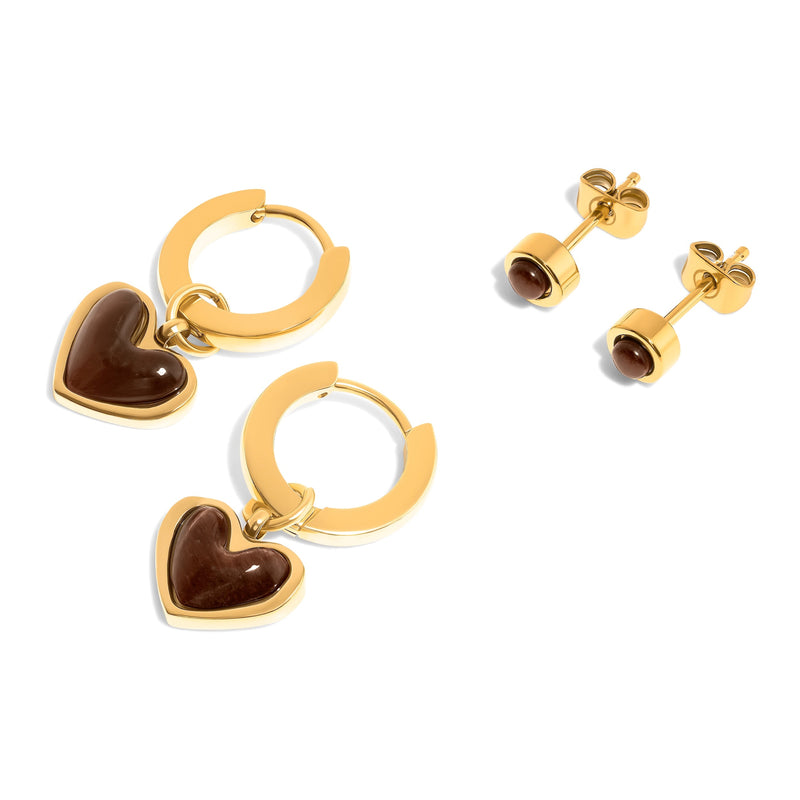 Chocolate Brown Heart Huggie Earrings & Studs Set (Gold)