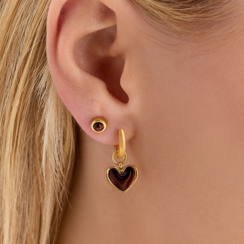 Chocolate Brown Heart Huggie Earrings & Studs Set (Gold)