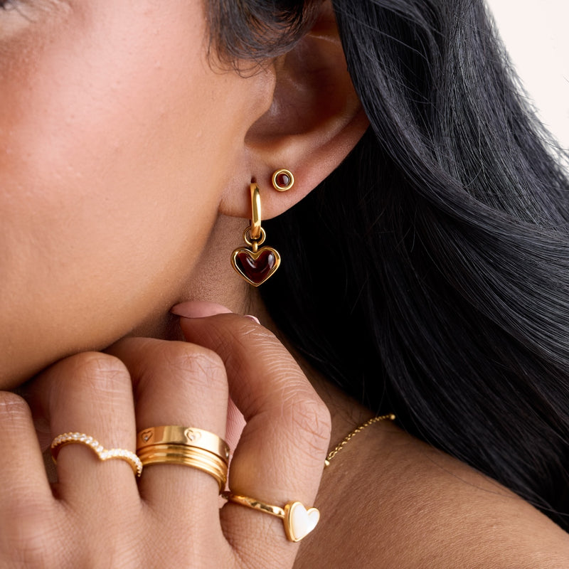 Chocolate Brown Heart Huggie Earrings & Studs Set (Gold)