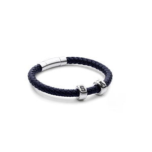 Men's Navy Bonded Leather Bracelet (Silver)