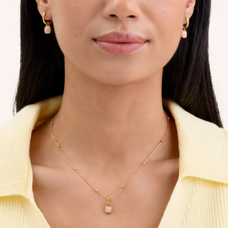 Pale Pink Opal Cushion Necklace & Earrings Set (Gold)