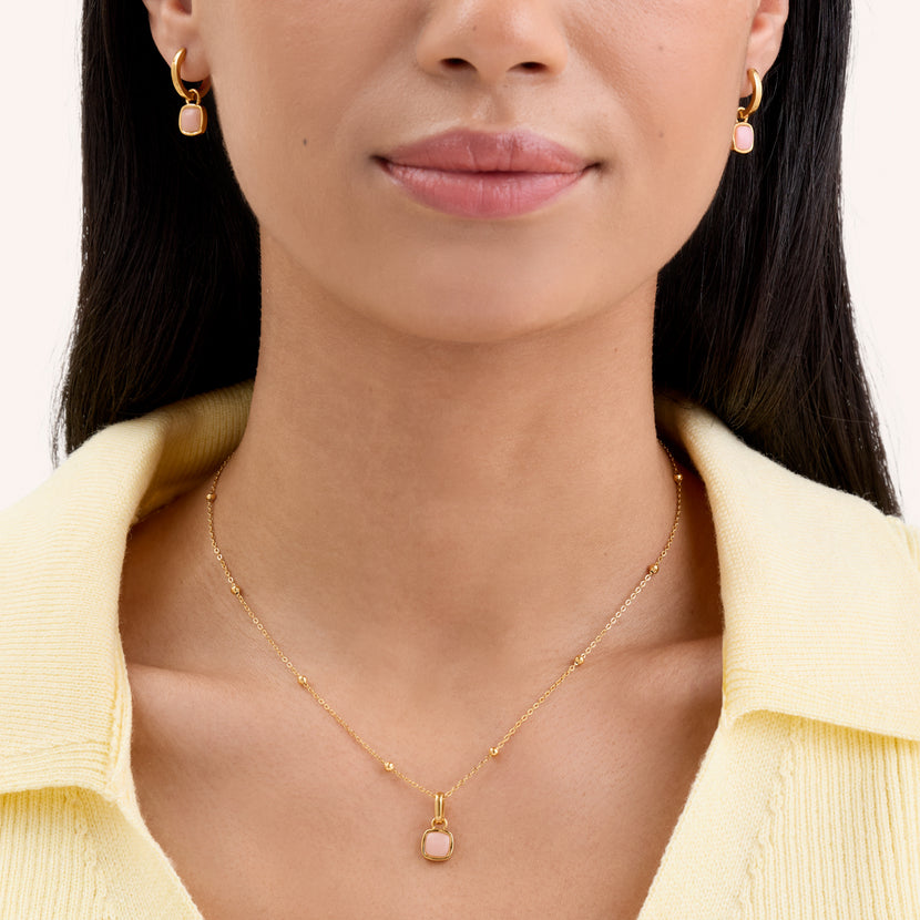 Pale Pink Opal Cushion Necklace & Earrings Set (Gold)