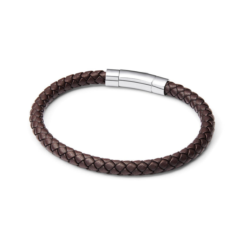 Men's Brown Bonded Leather Bracelet (Silver).