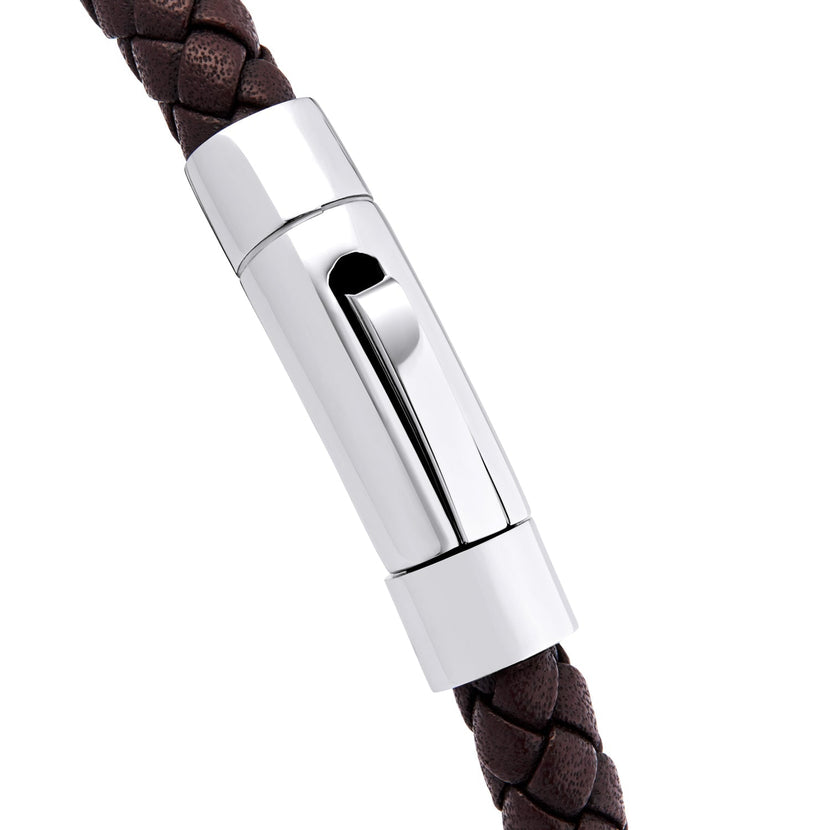 Men's Brown Bonded Leather Engravable Bracelet (Silver)
