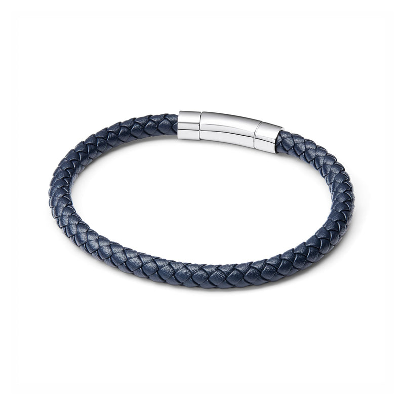 Men's Navy Bonded Leather Bracelet (Silver).