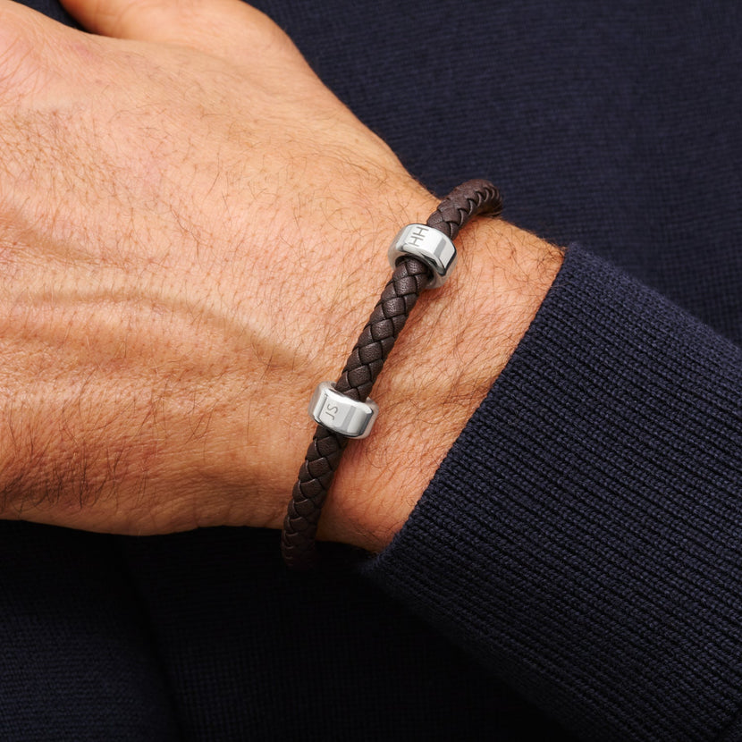 Men's Brown Bonded Leather Engravable Bracelet (Silver)