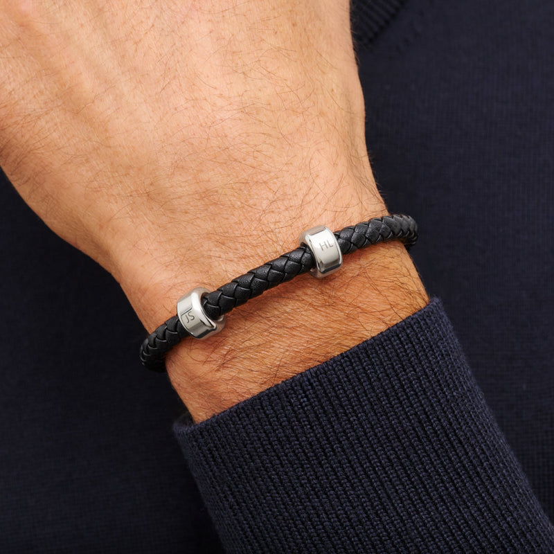 Men's Black Bonded Leather Engravable Bracelet (Silver)