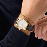 Men's 39mm Mayfair Brown Leather Watch & Fine Curb Chain Bracelet Set (Gold)