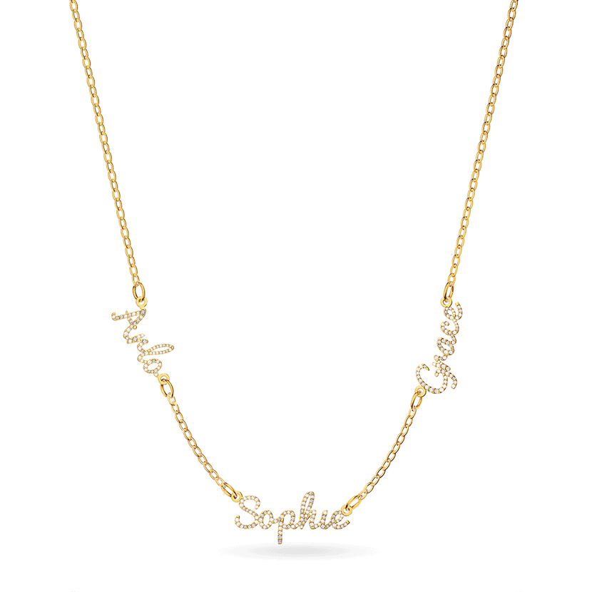 Multi Crystal Cursive Name Necklace (Gold)