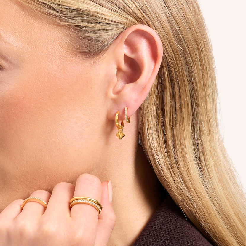 Fine Mini Fluted Clover & Crystal Huggie Earring Set (Gold)