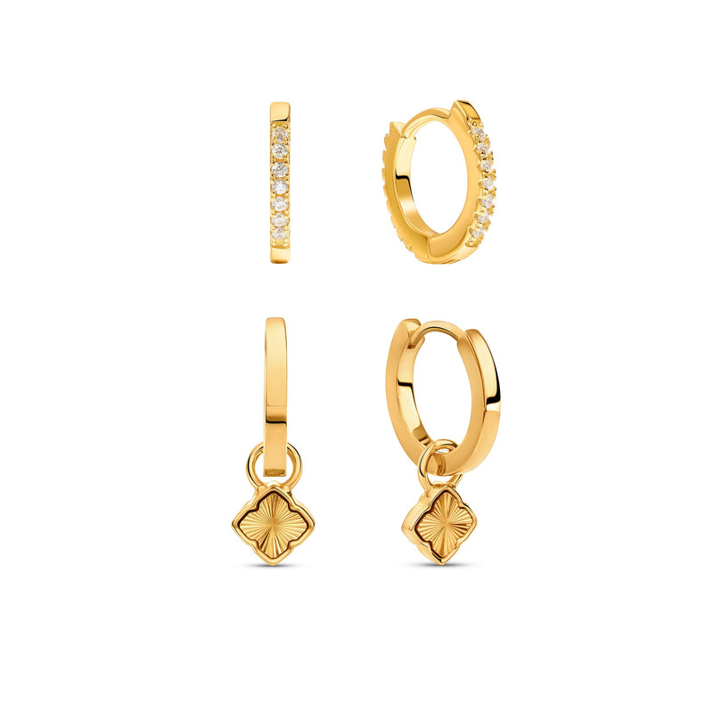 Fine Mini Fluted Clover & Crystal Huggie Earring Set (Gold)
