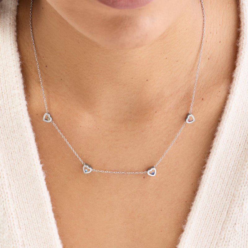 Floating Birthstone Multi Heart Necklace (Silver)