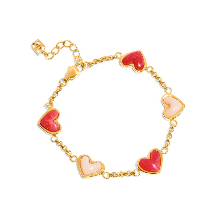 Fuchsia & Pale Pink Multi Quartz Heart Bracelet (Gold)
