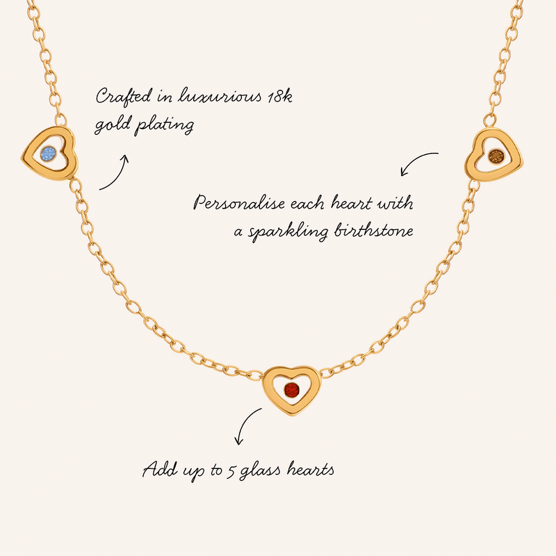 Floating Birthstone Multi Heart Necklace (Gold)