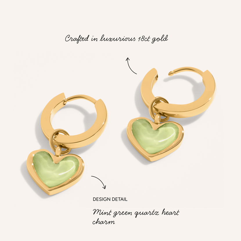 Mint Green Quartz Heart Necklace & Earrings Set (Gold)