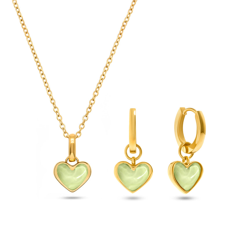 Mint Green Quartz Heart Necklace & Earrings Set (Gold)