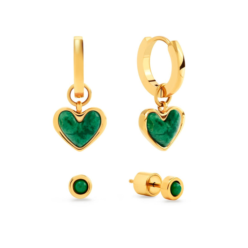 Green Quartz Huggie Earrings Set (Gold)
