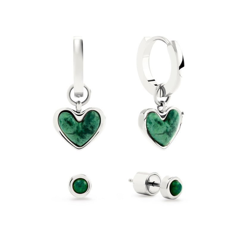 Green Quartz Huggie Earrings Set (Silver)