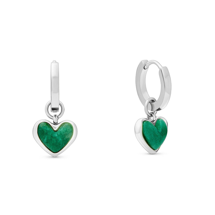 Green Quartz Heart Huggie Earrings (Silver)