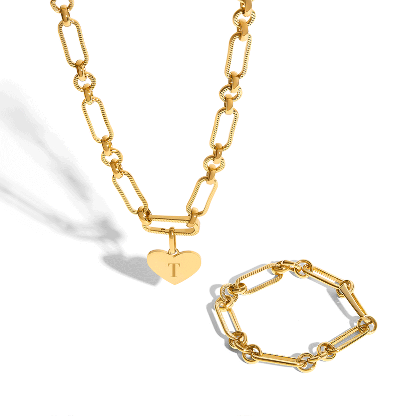 Heart Figaro Chain Necklace & Bracelet Set (Gold)