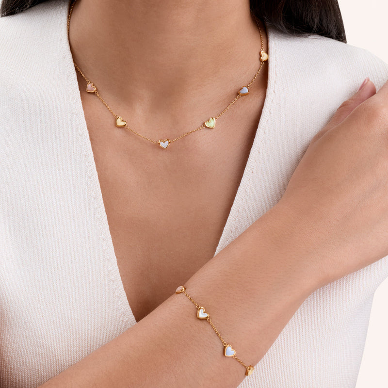 Multi Pastel Mini Hearts Necklace & Bracelet Set (Gold)