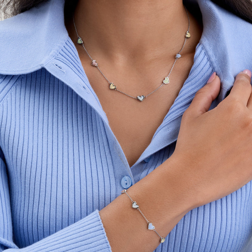 Multi Pastel Mini Hearts Necklace & Bracelet Set (Silver)