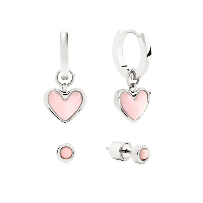 Pale Pink Opal Heart Huggie Earrings & Stud Set (Silver)
