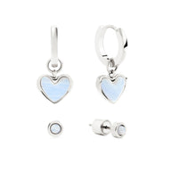 Light Blue Lace Agate Heart Huggie Earrings & Stud Set (Silver)