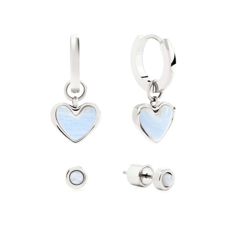 Light Blue Lace Agate Heart Huggie Earrings & Stud Set (Silver)