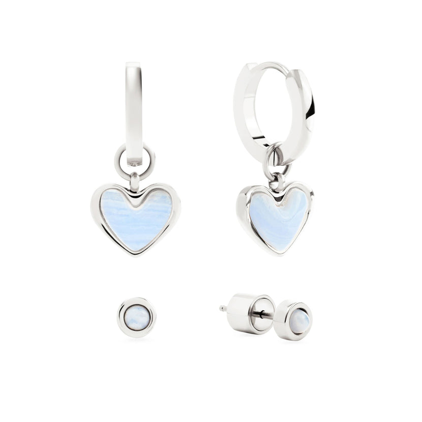 Light Blue Lace Agate Heart Huggie Earrings & Stud Set (Silver)