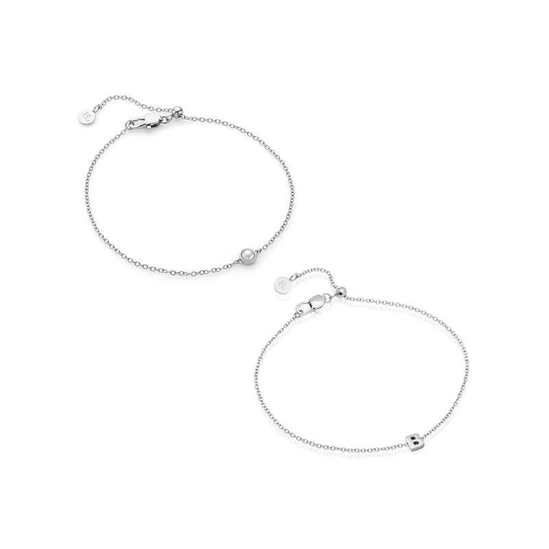 Initial & Pearl Bracelet Set (Silver)