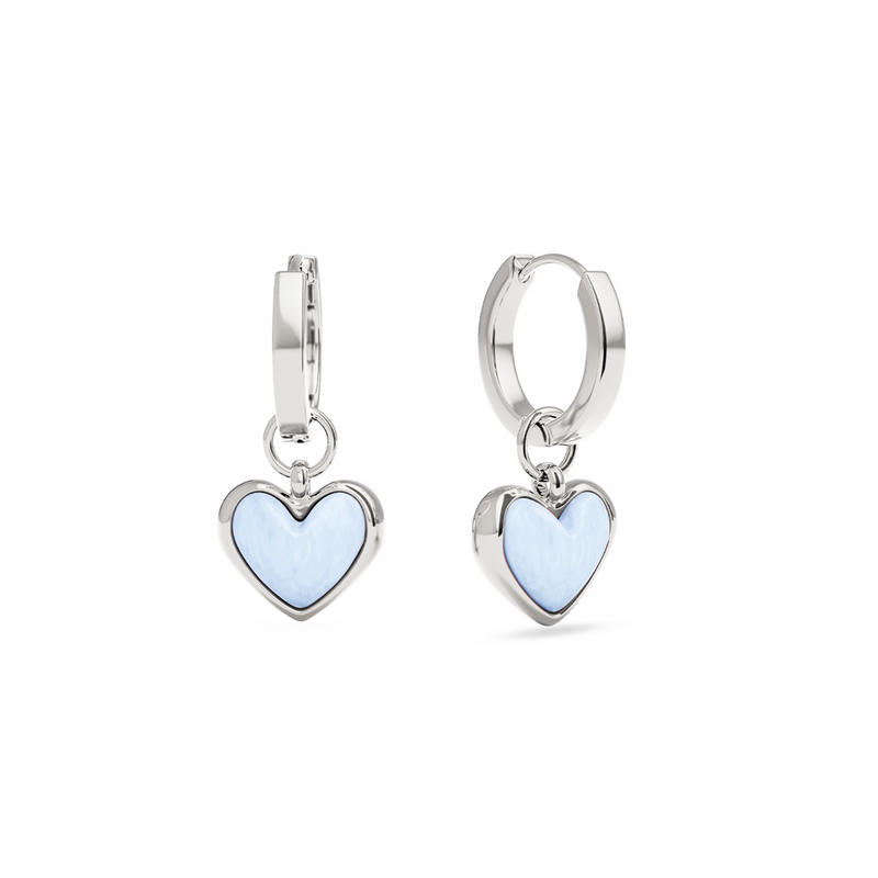 Light Blue Lace Agate Heart Huggie Earrings (Silver)