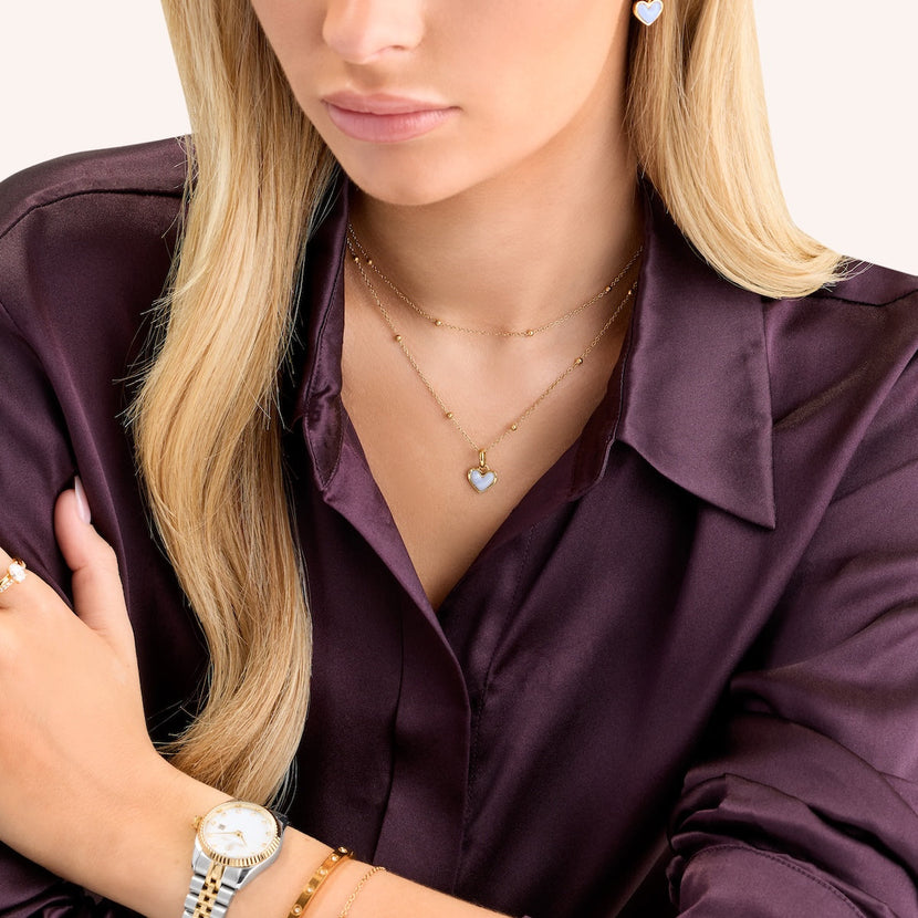 Light Blue Lace Agate Heart Necklace (Gold)