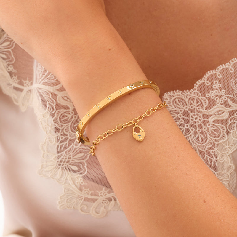 Love Locks Bracelet & Crystal Heart Bangle Set (Gold)