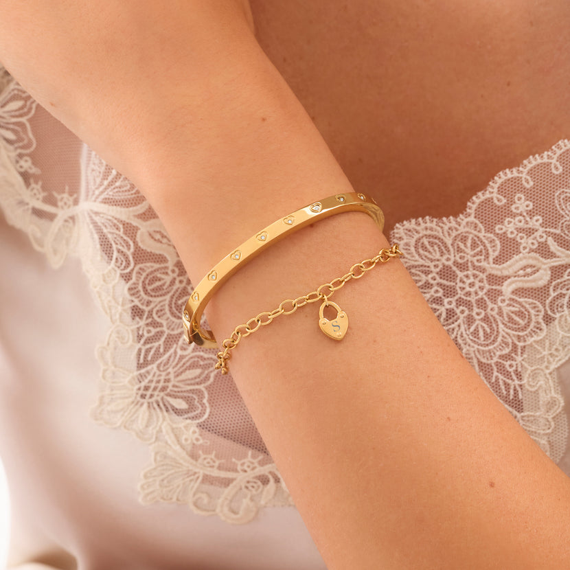 Love Locks Bracelet & Crystal Heart Bangle Set (Gold)