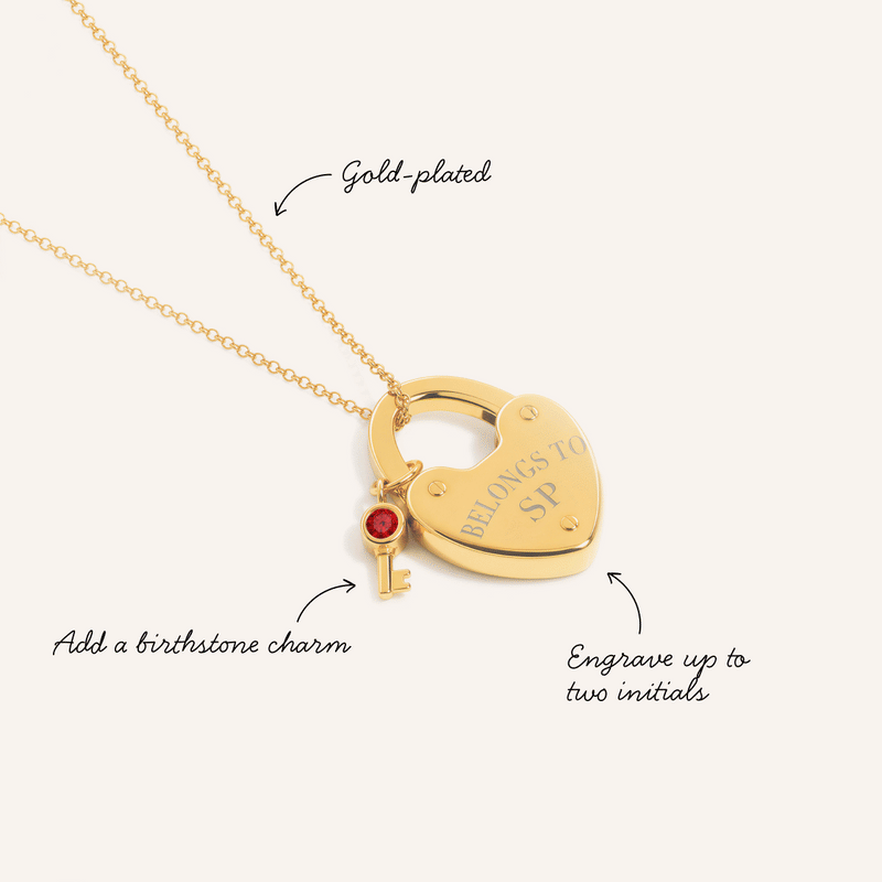 Love Locks & Birthstone Key Charm Necklace (Gold)