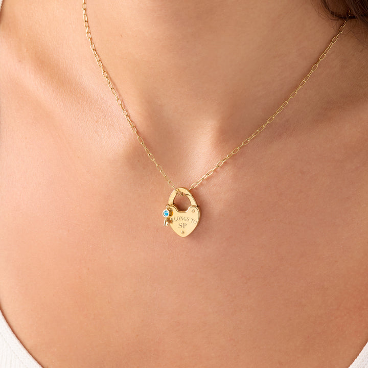 Love Locks & Birthstone Key Charm Necklace (Gold)