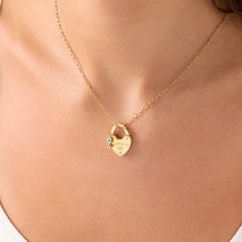 Love Locks & Birthstone Key Charm Necklace (Gold)