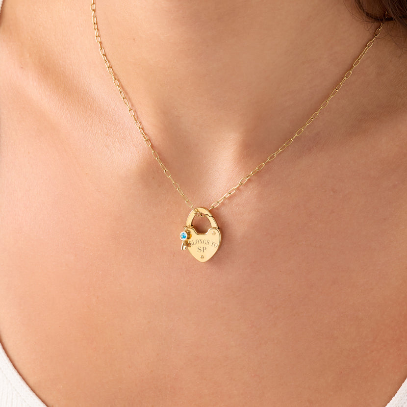 Love Locks & Birthstone Key Charm Necklace (Gold)