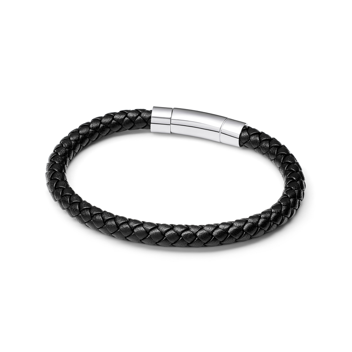 Men's Black Bonded Leather Bracelet (Silver)